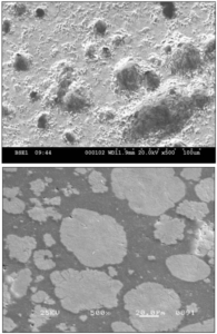 Fig 2. SEM images at 500X of the ceramic (top) and plastic (bottom) media used to superfinish the surface of the specimens.