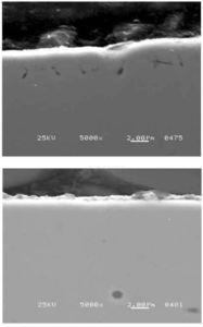 Figure 6: The top SEM (5000X) is an AMS 6265 (SAE 9310H) gear cross-section that exhibits IGA. The bottom SEM (5000X) shows a cross-section from the same gear that has had the microcracks completely removed by ISF.