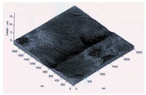 Photo 7; Shows the wear pattern produced in a blockon- ring evaluation6,7 of the Isotropic Superfinish (ISF) steel block. The result of this evaluation