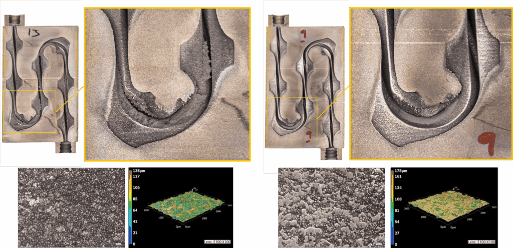 Figure 6: Images of a sectioned component (PBF-EB/Ti-6Al-4V) showing a demonstration AM channel in its as-printed state. left, and after AFM, right.