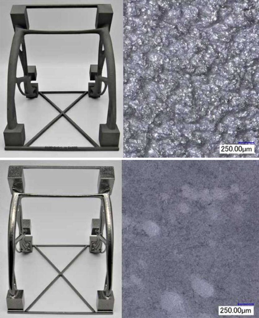 PBF-EB/Ti-6Al-4V components for JPL, shown as-built and after surface finishing using REM's Extreme ISF Process [7]
